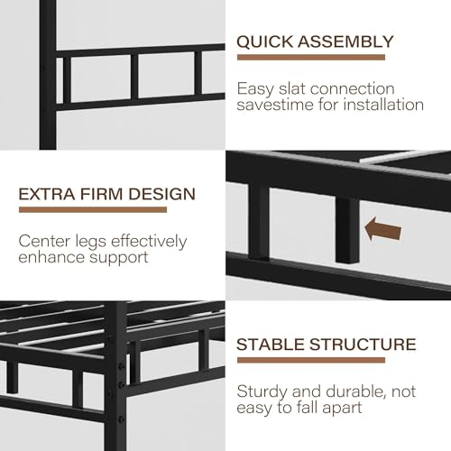 Queen Size Canopy Bed Frame with Heavy Duty Metal Slats, Black, view 7