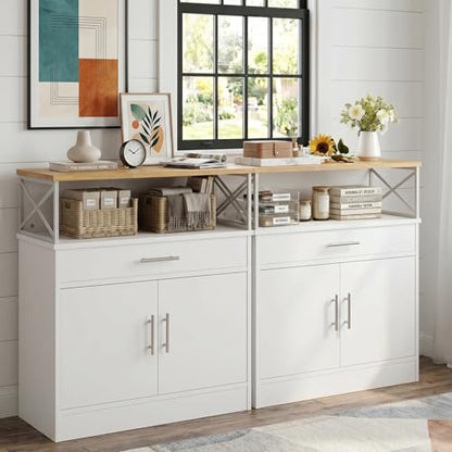 Coffee Bar Cabinet, Farmhouse Kitchen Storage Cabinet with Adjustable Shelf, 31“ Modern Sideboard Buffet Table for Kitchen, Dining Room, White