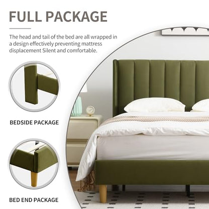 Queen Bed Frame，Platform Bed with Upholstered Headboard，GrassGreen, view 8