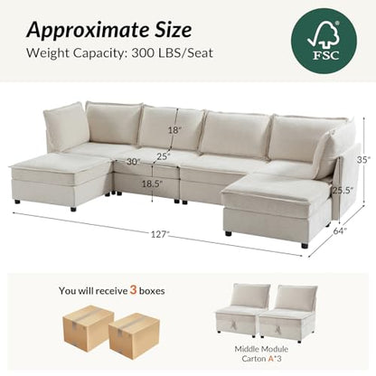 127'' Modular Sectional Sofa, Oversized U Shaped Couch with Storage Ottoman, Comfy Chenille Sofa with Deep Seat, 6 Seat Convertible Couches for Living Room, Beige