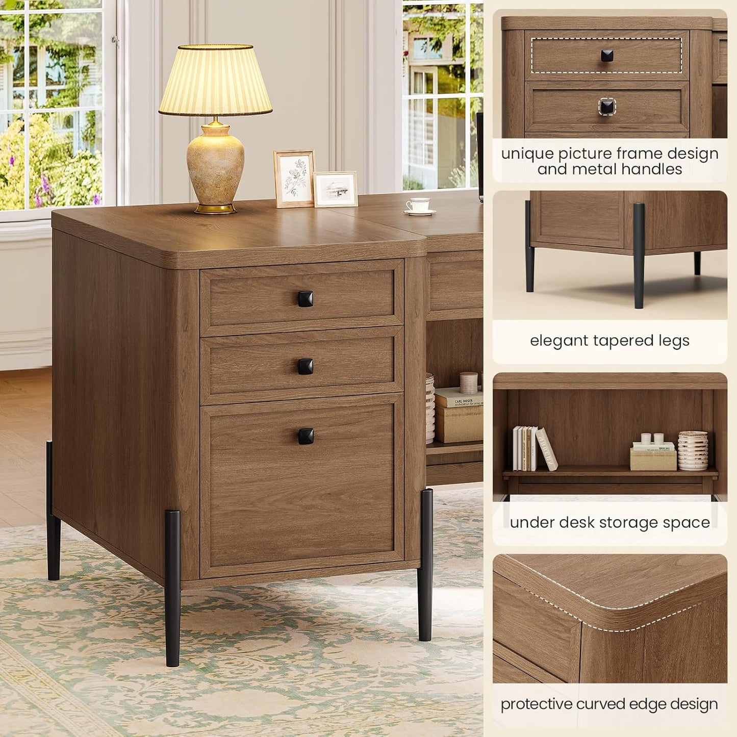 63" Executive Desk with 5 Drawers, Farmhouse Home Office Desks with 2 Storage Cabinet and Keyboard Tray, Large Boss Desk with Privacy Panel, Modern Table with Open Shelf and File Drawer