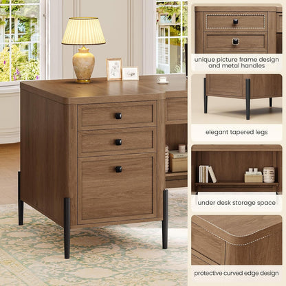 63" Executive Desk with 5 Drawers, Farmhouse Home Office Desks with 2 Storage Cabinet and Keyboard Tray, Large Boss Desk with Privacy Panel, Modern Table with Open Shelf and File Drawer