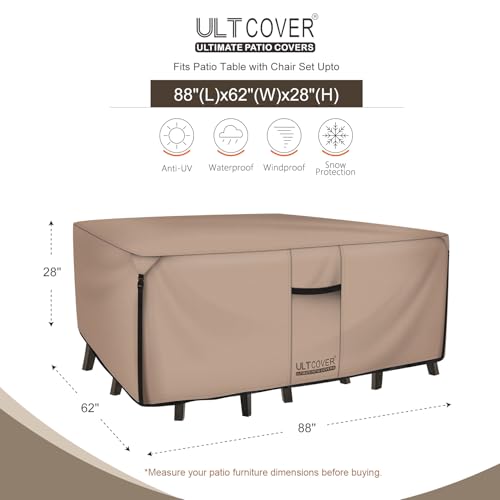Rectangular Patio Heavy Duty Table Cover - 600D Tough Canvas Waterproof Outdoor Dining Table and Chairs General Purpose Furniture Cover Size 88L x 62W x 28H inch
