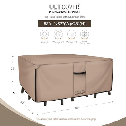 Rectangular Patio Heavy Duty Table Cover - 600D Tough Canvas Waterproof Outdoor Dining Table and Chairs General Purpose Furniture Cover Size 88L x 62W x 28H inch