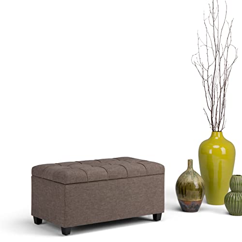 Sienna Storage Ottoman Bench - 33 inch Wide Upholstered Linen Look Fabric Rectangle Storage Ottoman Bench in Tanners Brown, Transitional Tufted Ottoman for Living Room with Lift Top