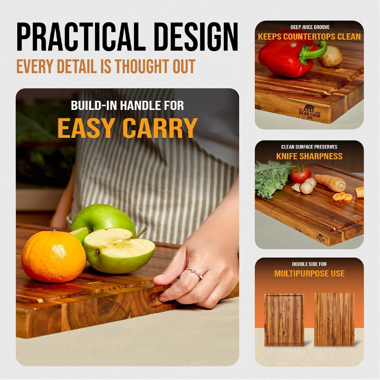 Bearchop Acacia Wood Cutting Boards for Kitchen, [24" X 18" X 1.25"] Extra Large Edge Grain Cutting Boards, Solid Acacia Wood Butcher Block Cutting Board with Deep Juice Grooves and Handle