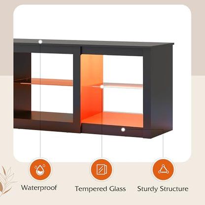 Modern LED TV Stand for 65 70 Inch TV, 58" Entertainment Center with Adjustable Glass Shelves & RGB Lights, Wood Media Console Table for Living Room, Bedroom, Gaming Room, Black