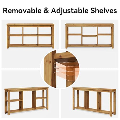 Solid Wood Horizontal Bookcase with Adjustable Shelves, 6 Cubes Storage Organizer Long Bookshelf, Farmhouse Low Cubby Bookcase for Living Room, Home Office, 63 Inches
