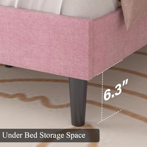 King Size Bed Frame, Linen Fabric Upholstered Bed Frame King Size with Headboard, Wood Slats Support, Button Tufted Design, No Box Spring Needed, Pink