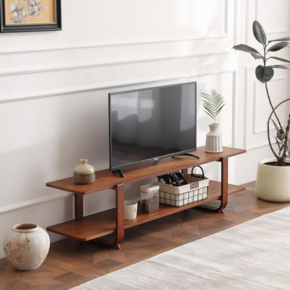 Low Bamboo TV Stand for Up to 65 Inch, Small Mid Century Modern Entertainment Center with 2-Tier Open Shelves, Walnut Media Console Table for Living Room, Bedroom