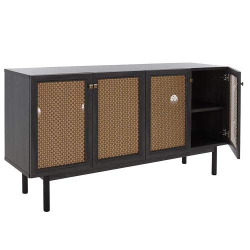 SAFAVIEH Home Collection Piran Distressed Black/Gold 4-Door 2-Shelf Entertainment Media TV Stand, Ideal for Living Room, Bedroom, Family Room (Fits up to a 65" Flatscreen TV)