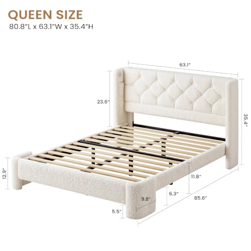 Queen Bed Frame with USB Ports & Storage Pockets, Cream Boucle, view 3