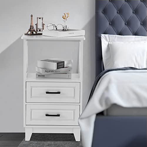 White Nightstand with 2 Storage Drawers Cabinet, Tall End Table with Wooden X-Design for Bedroom,Living Room, White