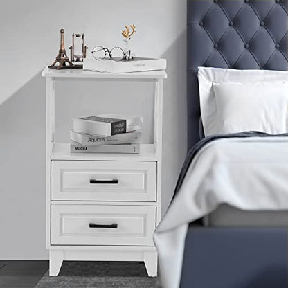 White Nightstand with 2 Storage Drawers Cabinet, Tall End Table with Wooden X-Design for Bedroom,Living Room, White