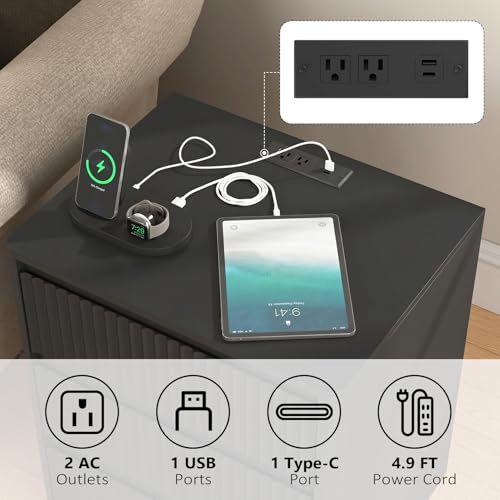 (Set of 2) End Table with Fast USB C Charging Station, Sofa Side Table with 3Drawers, Large Storage Modern Wood Storage Cabinet for Living Room,Bedroom,Office, Black