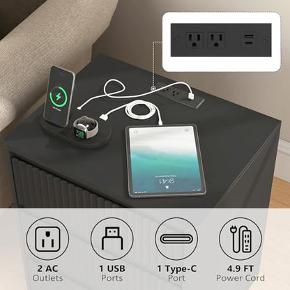 (Set of 2) End Table with Fast USB C Charging Station, Sofa Side Table with 3Drawers, Large Storage Modern Wood Storage Cabinet for Living Room,Bedroom,Office, Black