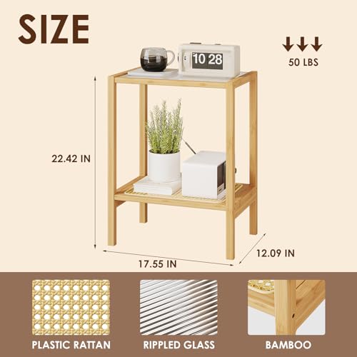 Side Table Nature Rattan Night Stand Glass End Table 2-Tier with Storage Boho Bedside Table for Small Spaces Bamboo Coffee Table for Bedroom Living Room