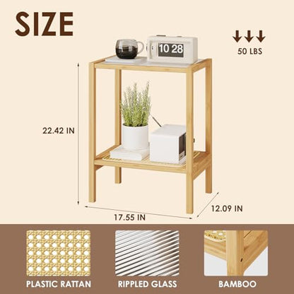 Side Table Nature Rattan Night Stand Glass End Table 2-Tier with Storage Boho Bedside Table for Small Spaces Bamboo Coffee Table for Bedroom Living Room