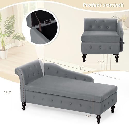 Velvet Chaise Lounge w/Left Armrest & Storage Space, Grey, view 3