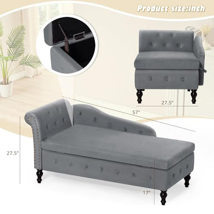 Velvet Chaise Lounge w/Left Armrest & Storage Space, Grey, view 3