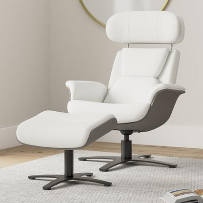 CHITA Genuine Leather Reclining Swivel Accent Chair with Ottoman, White