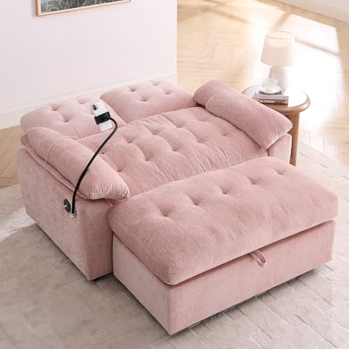 2 Seater Upholstered Loveseat Sofa with Storage Ottoman Phone Mount and Side Pocket Tufted Accent Couch, Pink