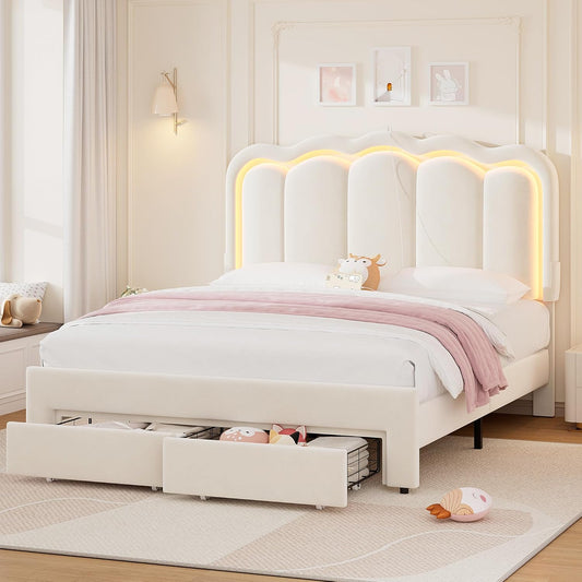 Full Upholstered LED Bed Frame with 2 Storage Drawers and Adjustable Chic Double Wavy Headboard, Velvet Princess Platform Bed with Charing Station, Solid Wood Slats Support,No Box Spring Needed,Beige