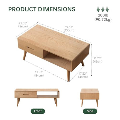 Fully-Assembled 100% Oak Wood Coffee Table with Storage for Living Room, view 3
