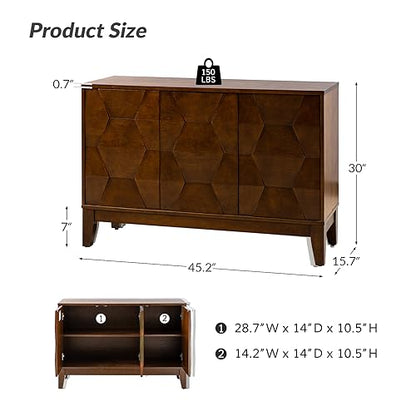Modern Kitchen Buffet Cabinet Storage Sideboard with 3D Geometric Design, Freestanding Floor Cabinet with 3 Doors & 2 Adjustable Interior Shelves for Living Room Dining Room Hallway,Walnut