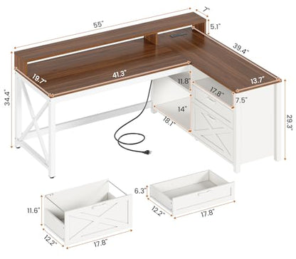 Farmhouse L Shaped Desk, 55" Home Office Desk with Drawers and Storage Shelves, L Shaped Gaming Desk with LED Lights, Power Outlet and Monitor Shelf, Brown