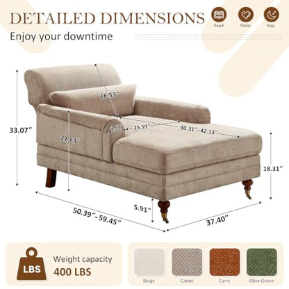 59.45'' Chaise Lounge Chair with Adjustable Backrest, Chenille Camel, view 3