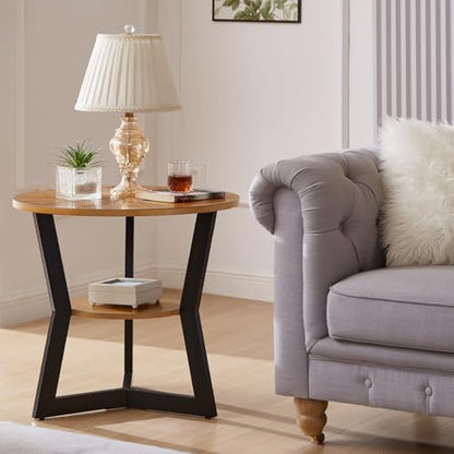End Table, Round Wood End Table for Living Room with 2-Tier Table Top with Storage Rack, Metal Leg Triangle Support Design, Home Furniture, 25 x 25 x 24 in, Brown