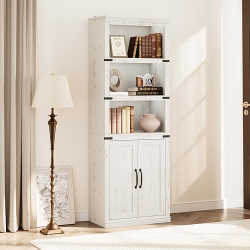 GAOMON Farmhouse Bookcases with Doors, 5 Tier Bookshelf with Storage, 70 inch Tall Bookshelf and Bookcase, Wooden Storage Cabinet for Living Room, Home, Office, Bedroom (White)
