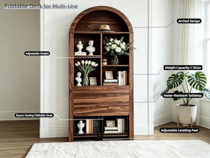 Folding Desk with Storage, Arched Craft Desk with Bookshelf-Walnut, view 6