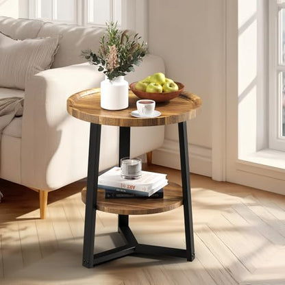 PPAMAPIC Round End Table, 2 Tier Side Table with Storage Shelf, Nightstand Accent Table for Living Room Bedroom Small Space, Black Metal Frame, 19.7" D x 23.6" H, Rustic Brown