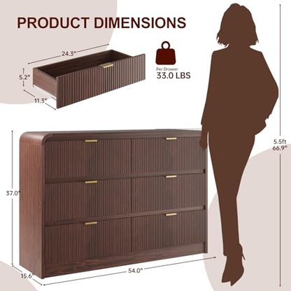 Fluted 6 Drawers Dresser for Bedroom, 54" Wide Wooden Dresser with Metal Handle, view 3
