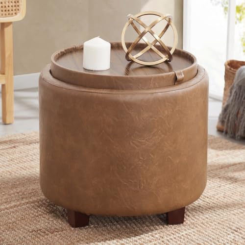 17" Round Storage Ottoman with Tray Top, Faux Leather, Mocha | Reversible Tray Lid Flips to Soft Leather Top; Ideal Foot Rest & Extra Seating for Living Room, Bedroom or Office