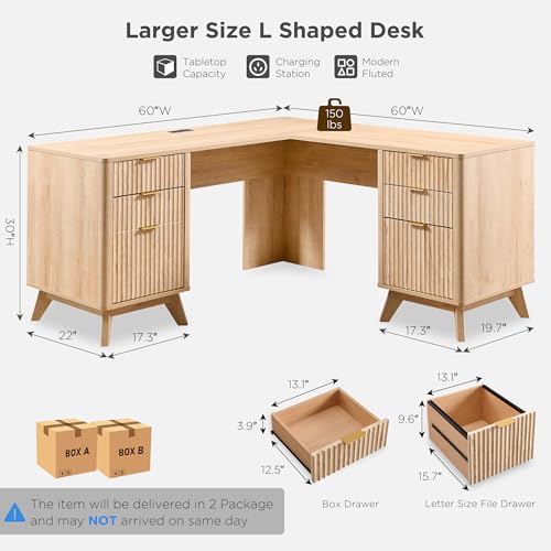 60'' Fluted Executive L Shaped Desk, Modern Home Office Desk with Charging Station and File Drawer, Computer Corner Desks with Drawers & Storage Cabinet for Office Home, Bedroom, Natural Oak