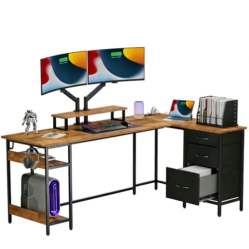 66 Inch L Shaped Gaming Desk with Drawers and Storage, Corner Desk with LED Lights, Power Outlets, Computer Desk with Monitor Stand, Office Desk for Home, Rustic Brown