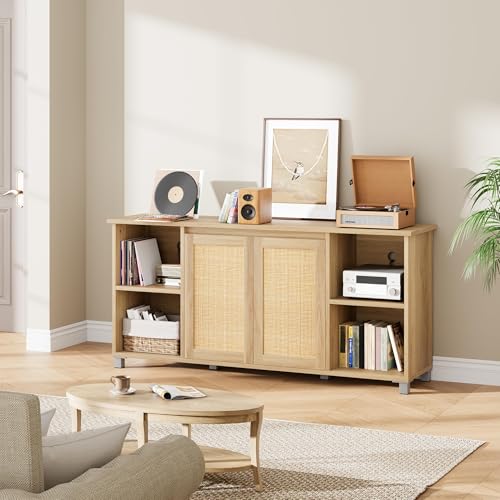 Rattan TV Stand for 65" TVs, Natural Oak Media Console, view 6