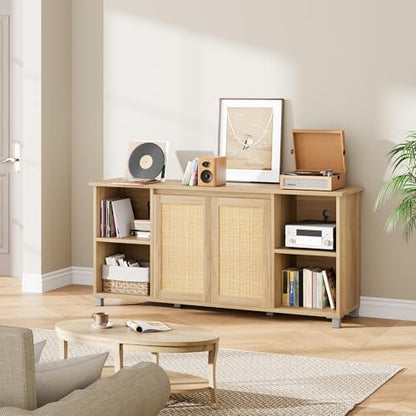 Rattan TV Stand for 65" TVs, Natural Oak Media Console, view 6