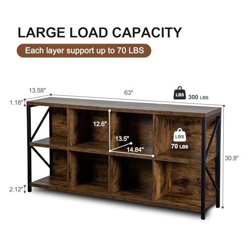 8 Cube Storage Organizer Bookshelf, Industrial Horizontal Bookcase, Accent Cubby Shelf, Media Console Table for Living Room, Home Office, 13.6" D x 63" W x 30.9" H, Rustic Brown