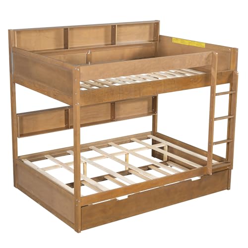 JIVOIT Full Over Full Bunk Bed with Pull-Out Trundle, Space-Saving Wood Bunk Bed Frame with Built-in Storage Shelves, Ladder, Modern Design, No Box Spring Required (Antique Wood/Full,9)