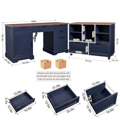60" Farmhouse Executive Desk with 40" Mobile File Cabinet,L Shaped Desk Set with Charging Station,Office Desk with Storage Drawers,Wood Computer Desk Set for Office Work,Home Study