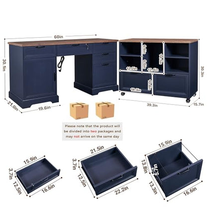 60" Farmhouse Executive Desk with 40" Mobile File Cabinet,L Shaped Desk Set with Charging Station,Office Desk with Storage Drawers,Wood Computer Desk Set for Office Work,Home Study