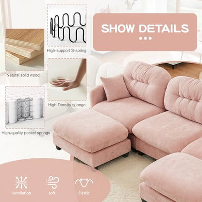 Cloud Couches for Living Room, Modular Sectional Sofa, 140" L-Shape Modular Couch with Movable Ottoman, Oversized Sectional Couch with Deep Seat, Pink