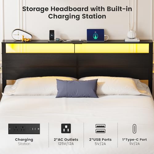 King Size Bed Frame with LED Lights and Charging Station, view 6