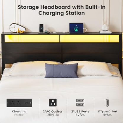 King Size Bed Frame with LED Lights and Charging Station, view 6