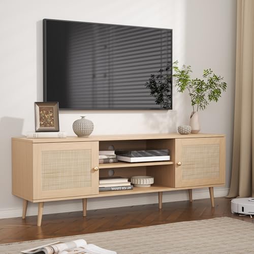 Rattan TV Stand for 55/60/65/70 inch TV, Boho 59" Entertainment Center with Storage, Modern Mid Century Media Console with Rattan Doors and Adjustable Shelf, Wood TV Stand for Living Room, Oak