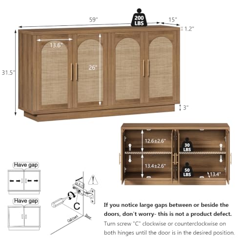 59" Rattan Sideboard Buffet Cabinet with Storage, 4 Arched Doors, view 3